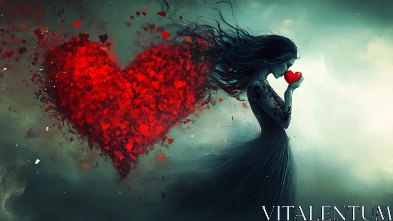 Ethereal Figure with Fragmenting Heart: Surreal Digital Composition.