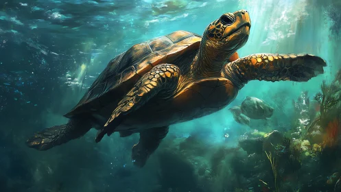 Sea turtle swims through sunlit underwater reef scene.