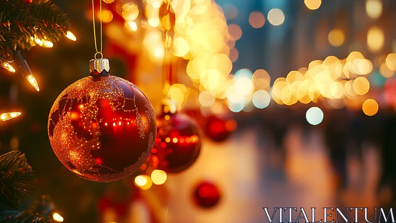 Glowing red bauble dreaming in a river of golden bokeh.