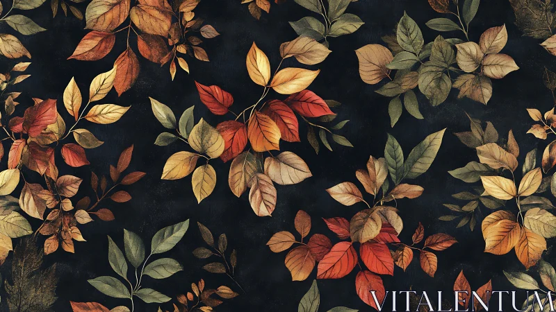 Detailed seamless pattern of autumn foliage on dark ground