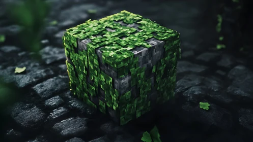 Mossy voxel relic glows quietly on rain-dark cobblestones.