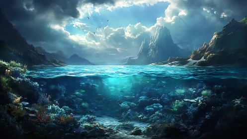 Split ocean scene shows vivid coral reef beneath stormy sky
