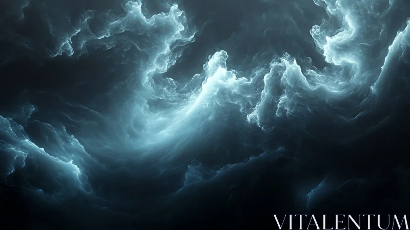 Abstract luminous cloud formations occupy a dark digital field