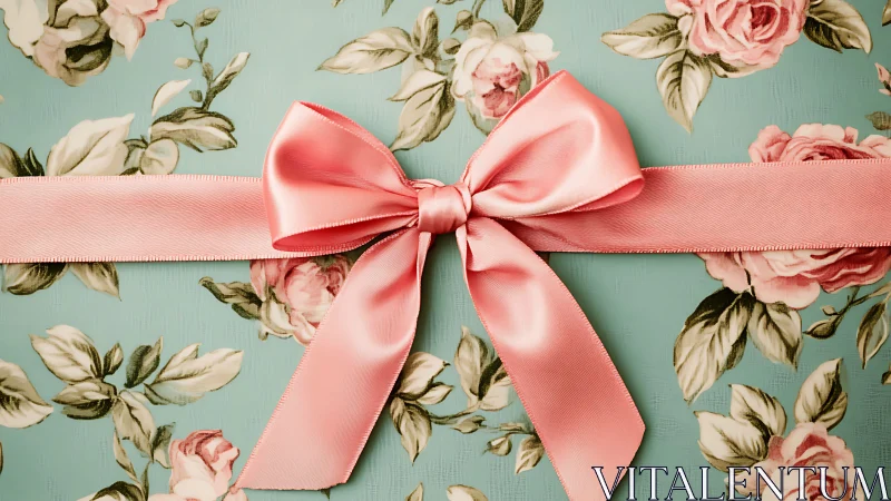 Pink satin bow on mint floral background in closeup view.