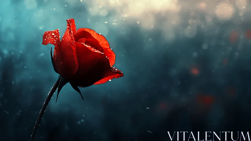 Crimson Rose Bloom Captured with Macro Detail and Atmospheric Water Droplet Effects