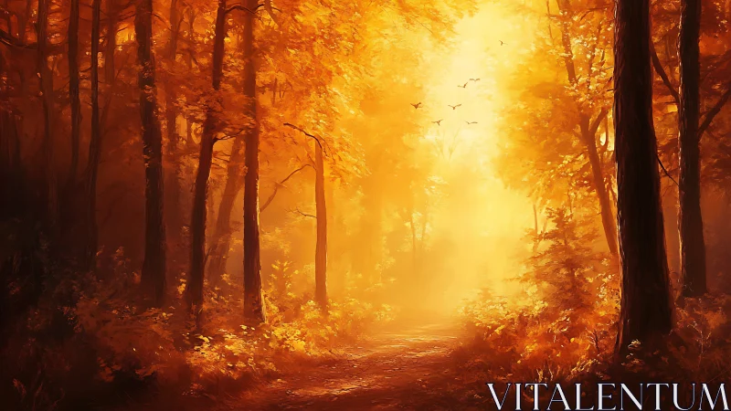 Sunlit autumn forest path glows through golden haze.