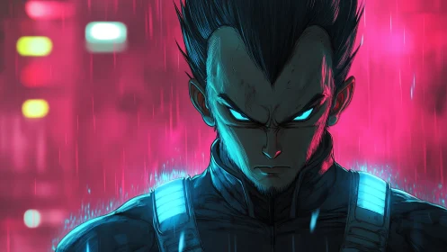Neon lit anime warrior portrait in rainy urban night scene.