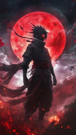 Silhouetted warrior before large red moon in swirling clouds.