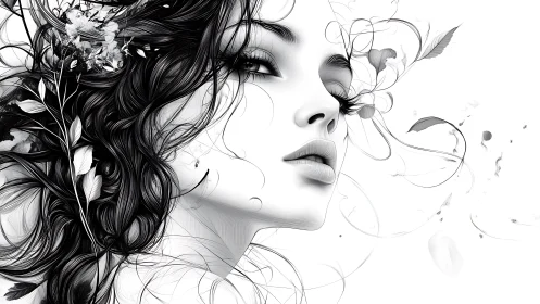 Monochrome female portrait with vector linework and botanical curls rendered