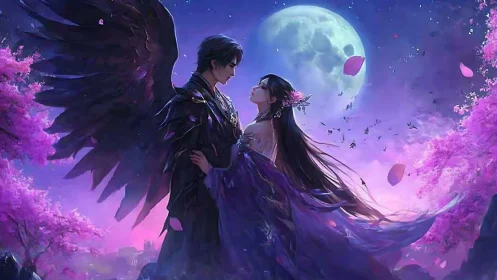 Winged guardian embracing lunar maiden in chromatic bloom.