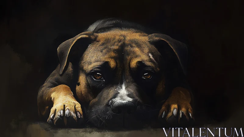 Melancholic brindle dog in low key digital portrait lighting.
