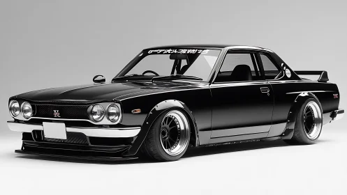 Slammed classic Nissan coupe gleams in pristine studio light.
