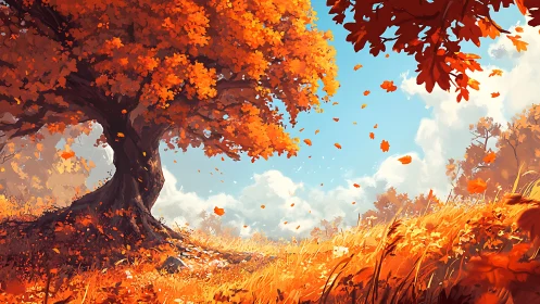 Golden autumn oak embracing a breezy, sunlit meadow.