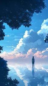 Skywalker in still water rewrites the horizon between clouds