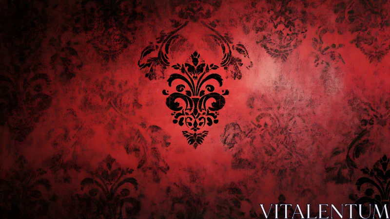 Baroque black damask on distressed crimson wall surface.