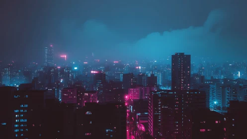 Neon mist over the quiet city skyline at midnight.
