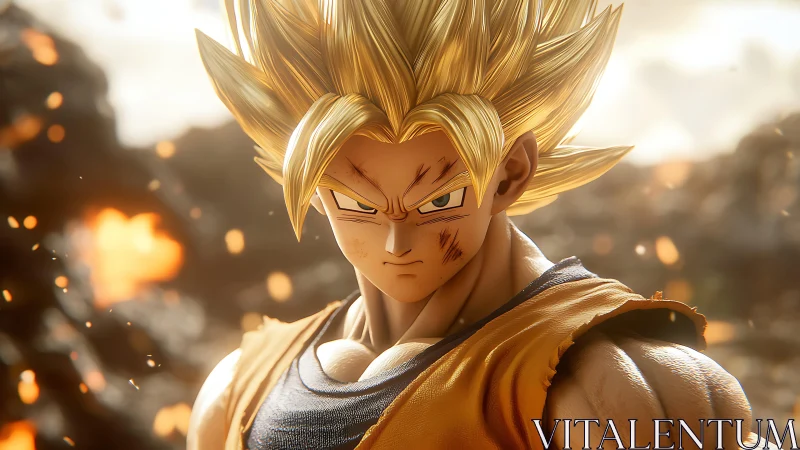 Intense golden‑haired warrior amid cinematic embers glow.