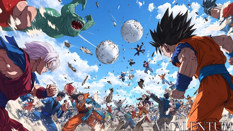 Explosive anime battle panorama with dynamic sky and debris.