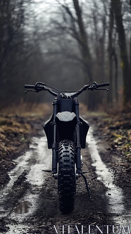 Off-road motorcycle stands centered on a wet forest track