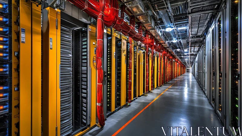 Data center corridor with server racks and cable bundles.