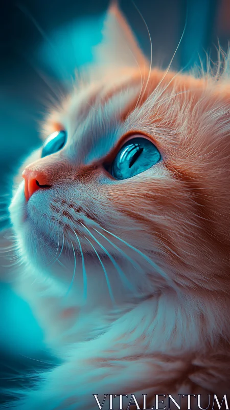 White Cat with Striking Blue Eyes Against Neon Turquoise Background.