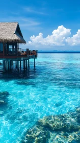 Overwater bungalow beside clear tropical lagoon at midday.