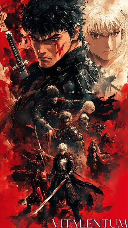Multiple armed characters stand layered against red background.