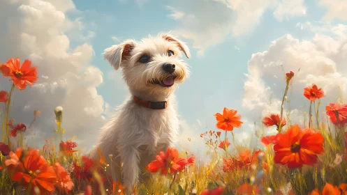 Canine subject in luminant poppy field atmospheric rendering.