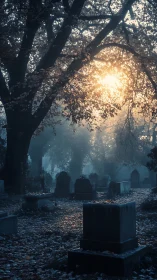 Sunlit mist over an autumn graveyard at dawnfall twilight.