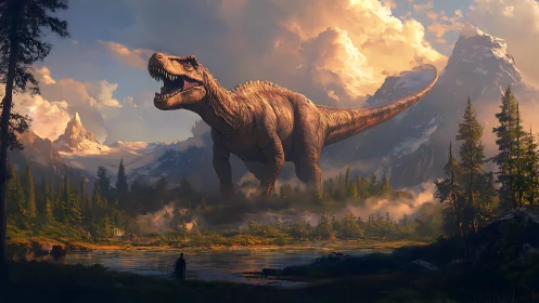 Giant tyrannosaurus stands over misty alpine valley lake