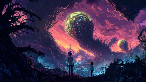 Bioluminescent alien forest with silhouetted observers at dusk.