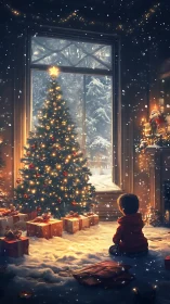 Snowlit child before glowing Christmas tree indoors.