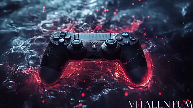 Controller adrift in neon tide, glowing with game fever.
