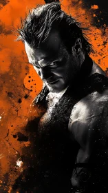 Male figure rendered in monochrome against orange splatter