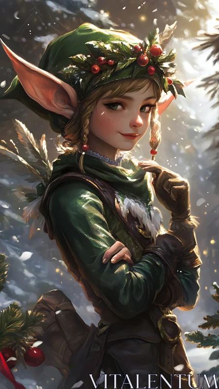 Winter forest elf smiles warmly in festive morning light