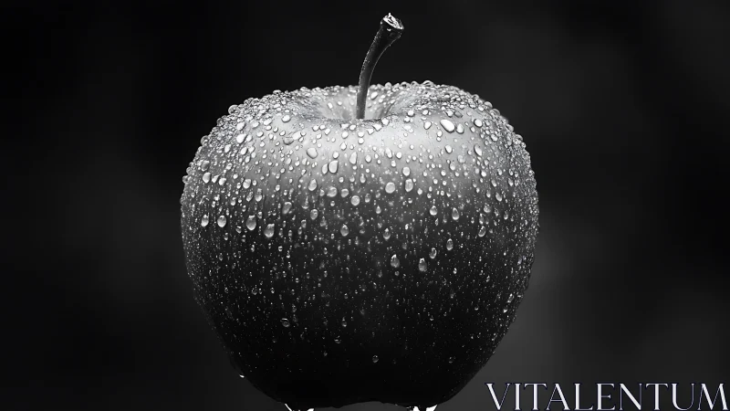 Monochrome apple glistens with crisp surface water droplets.