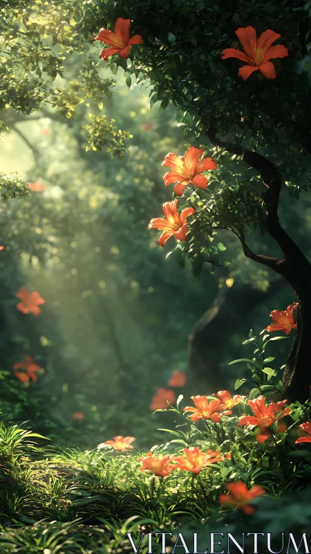 Luminous Garden's Crimson Tapestry Blooms in Morning Haze