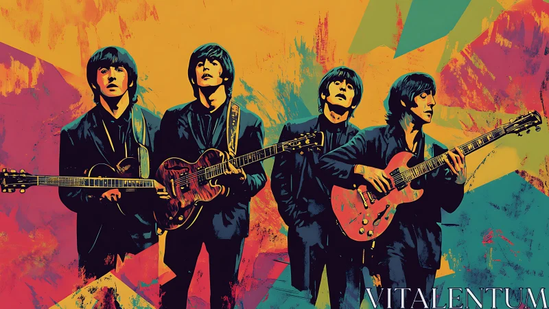 Colorful guitar band stands bold against vibrant abstract art