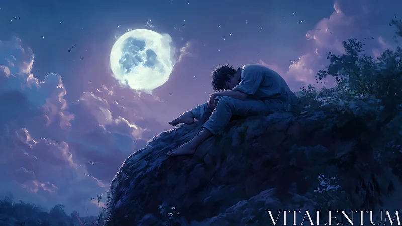 Solitary figure resting on rocky hill under full moon sky.