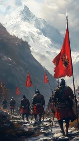 Red-clad soldiers march through icy mountain pass at dawn