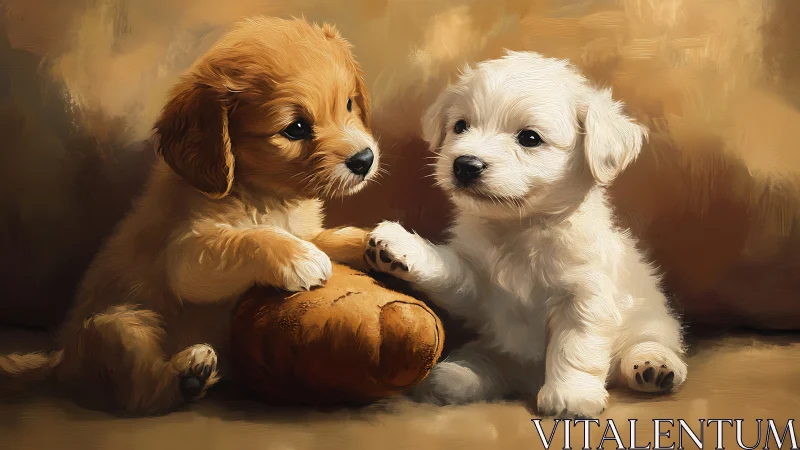 Two small puppies with bread on warm-toned background.
