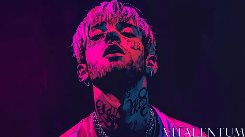 Neon-lit portrait of tattooed figure with upward gaze.