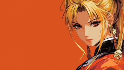 Anime portrait with bold orange negative space composition.