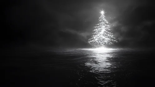 Luminous Christmas tree rises over dark reflective ocean