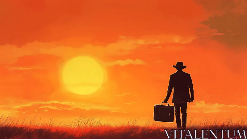 Silhouetted man with suitcase walks toward large sunset