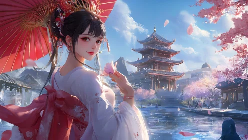 Springtime stroll by the lotus lake in a serene palace garden.