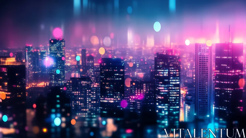 City skyline is rendered with neon bokeh and diffuse haze