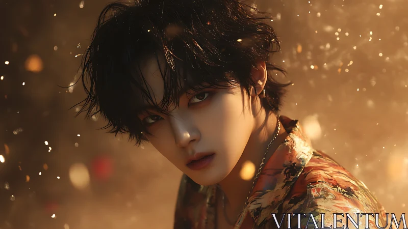 Digital portrait of youthful figure amid warm particles.