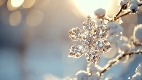 Crystal snowflake ornament on frosty winter branch at sunrise.