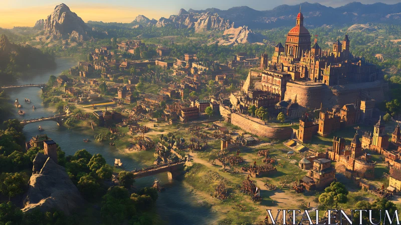 River citadel megastructure in sunlit fantasy valley panorama.